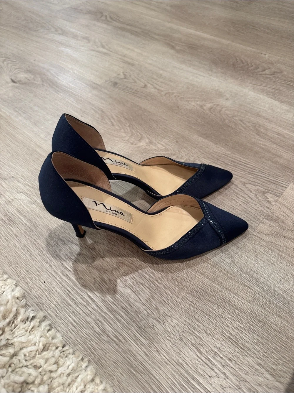 Nina Navy Satin Pointed D'Orsay Heels with Subtle Sparkle